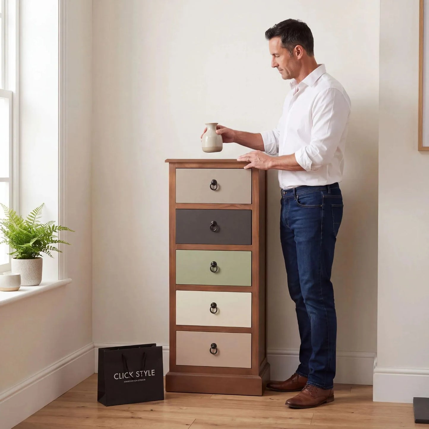 Sage Green & Neutral Pine Wood 5 Drawer Tallboy Chest of Drawers with black ring handles and man styling furniture | Click Style