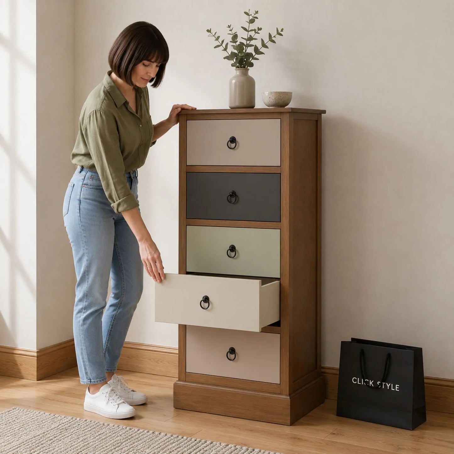 Sage Green & Neutral Pine Wood 5 Drawer Tallboy Chest of Drawers with black ring handles and woman opening drawer | Click Style