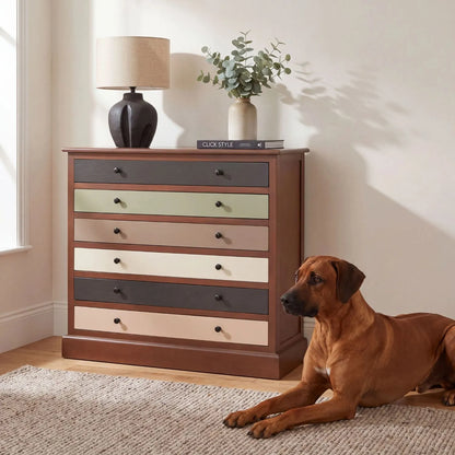 Sage Green & Neutral Pine Wood 6 Drawer Chest with Black Knob Handles styled in a neutral interior with Rhodesian Ridgeback | Click Style