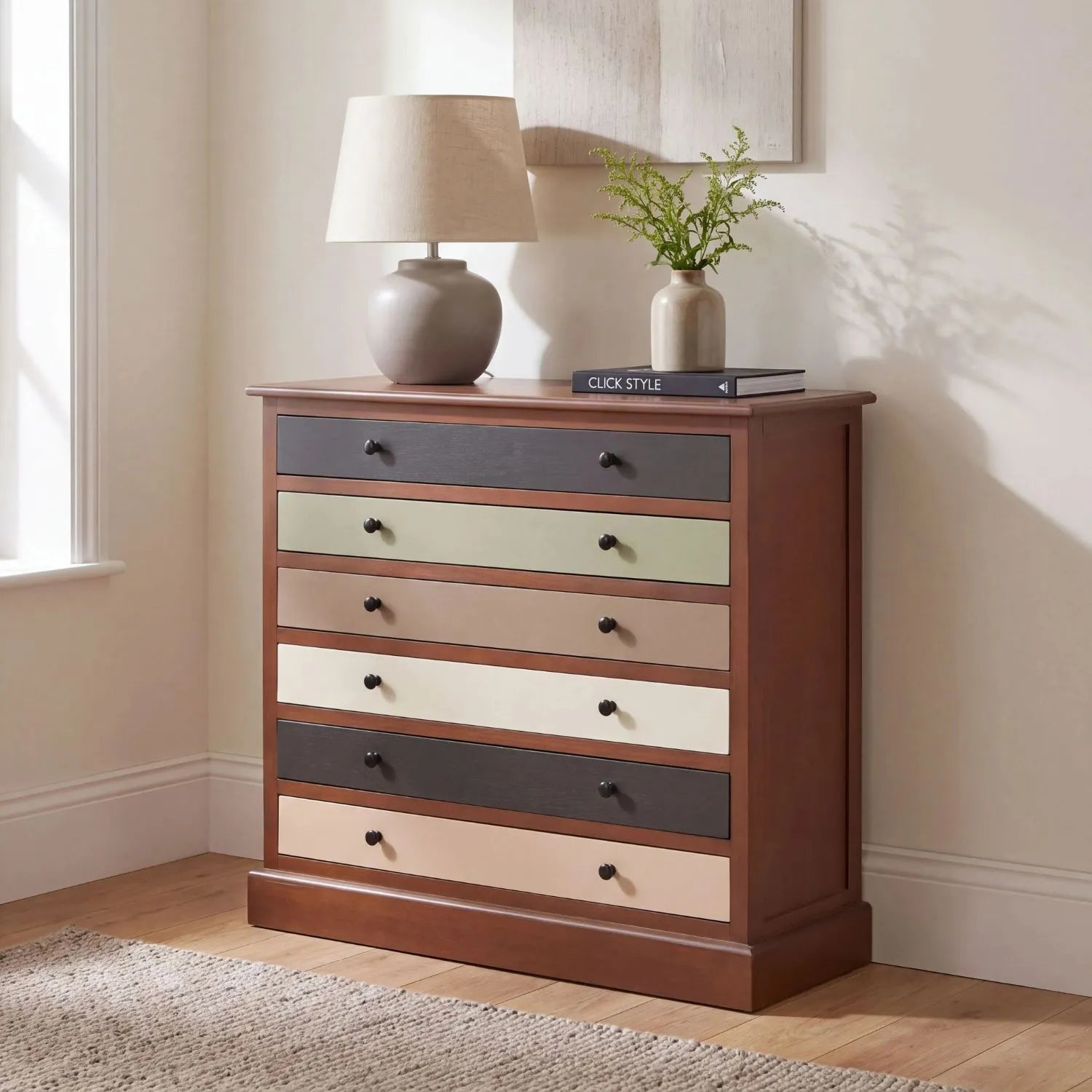 Sage Green & Neutral Pine Wood 6 Drawer Chest with Black Knob Handles | Click Style