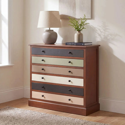 Sage Green & Neutral Pine Wood 6 Drawer Chest with Black Knob Handles | Click Style