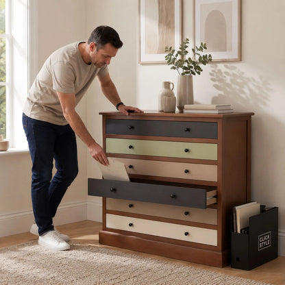 Sage Green & Neutral Pine Wood 6 Drawer Chest with Black Knob Handles styled in a neutral interior with man | Click Style