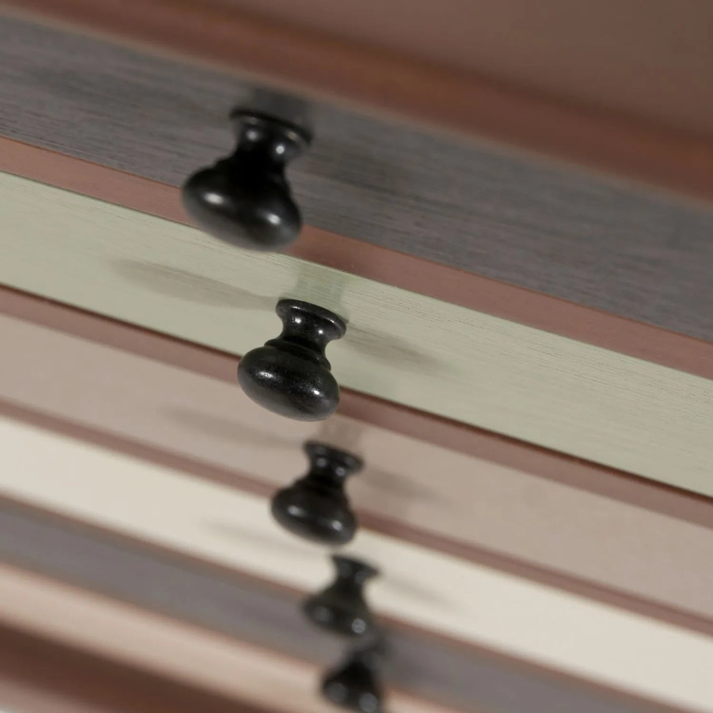 Sage Green & Neutral Pine Wood 6 Drawer Chest with Black Knob Handles – Overhead Close Up of Black Handles & Drawer Fronts | Click Style