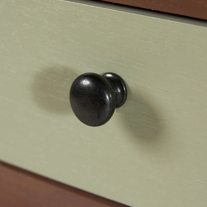 Sage Green & Neutral Pine Wood 6 Drawer Chest with Black Knob Handles – Close Up of Black Knob Handle on Sage Green Drawer Front | Click Style