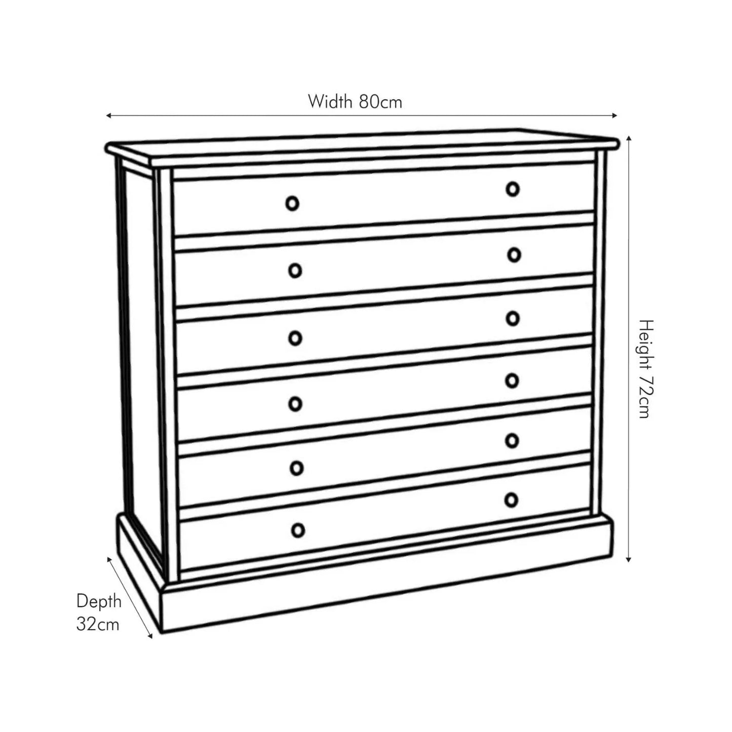 Sage Green & Neutral Pine Wood 6 Drawer Chest with Black Knob Handles – Angled Front & Side Dimension Drawing | Click Style