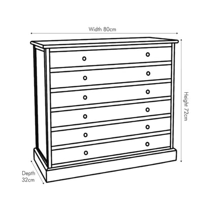 Sage Green & Neutral Pine Wood 6 Drawer Chest with Black Knob Handles – Angled Front & Side Dimension Drawing | Click Style