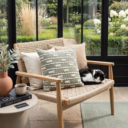 Sage Green & White Square Indoor Outdoor Cushion with Braided Bohemian Design – Recycled Weather-Resistant & Durable 45x45x10cm Textured Woven Scatter Cushion with Braided Pattern in Soft Botanical Green and White Tones | Click Style