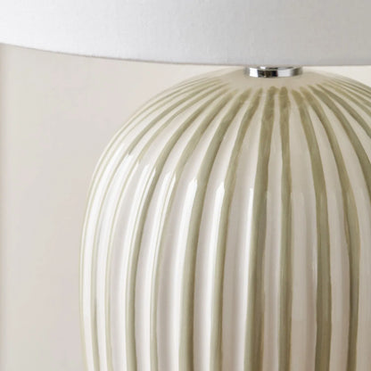 Sage Green & White Striped Ceramic Table Lamp With White Cotton Tapered Shade Ribbed Bulbous Base Bedside Light 45x30x30cm | Click Style