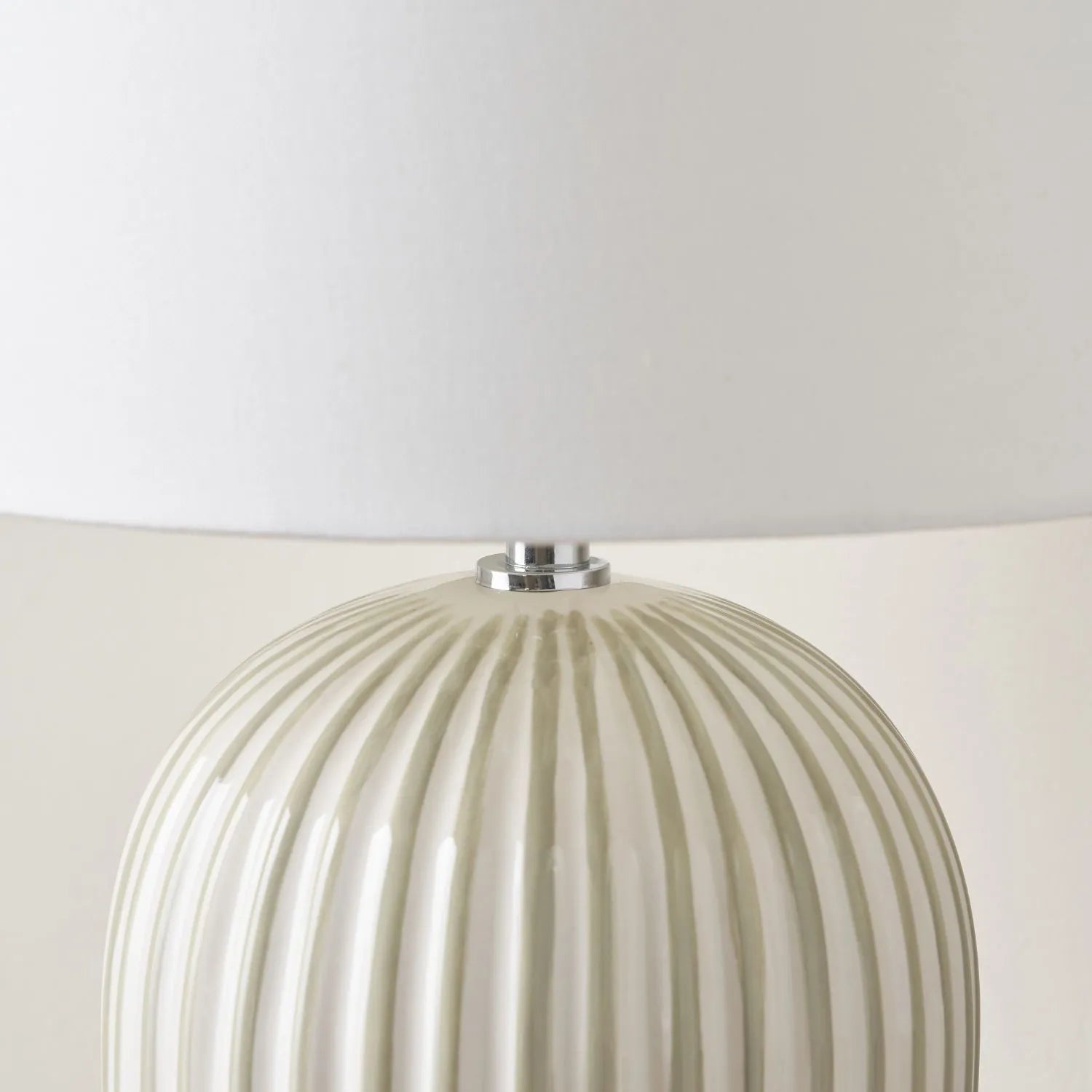 Sage Green & White Striped Ceramic Table Lamp With White Cotton Tapered Shade Ribbed Bulbous Base Bedside Light 45x30x30cm | Click Style