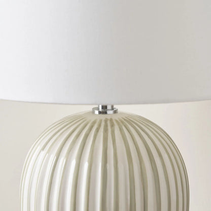 Sage Green & White Striped Ceramic Table Lamp With White Cotton Tapered Shade Ribbed Bulbous Base Bedside Light 45x30x30cm | Click Style
