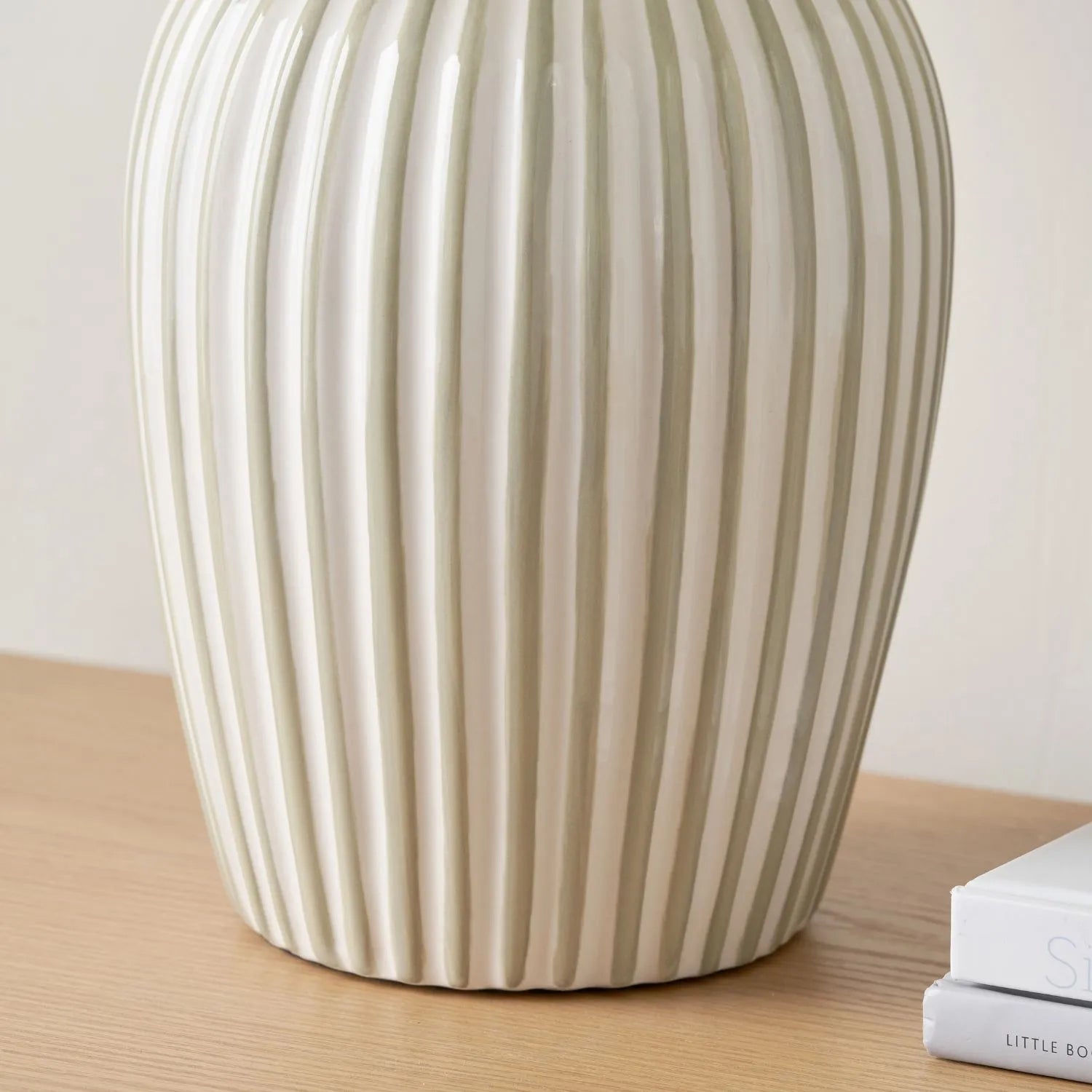 Sage Green & White Striped Ceramic Table Lamp With White Cotton Tapered Shade Ribbed Bulbous Base Bedside Light 45x30x30cm | Click Style