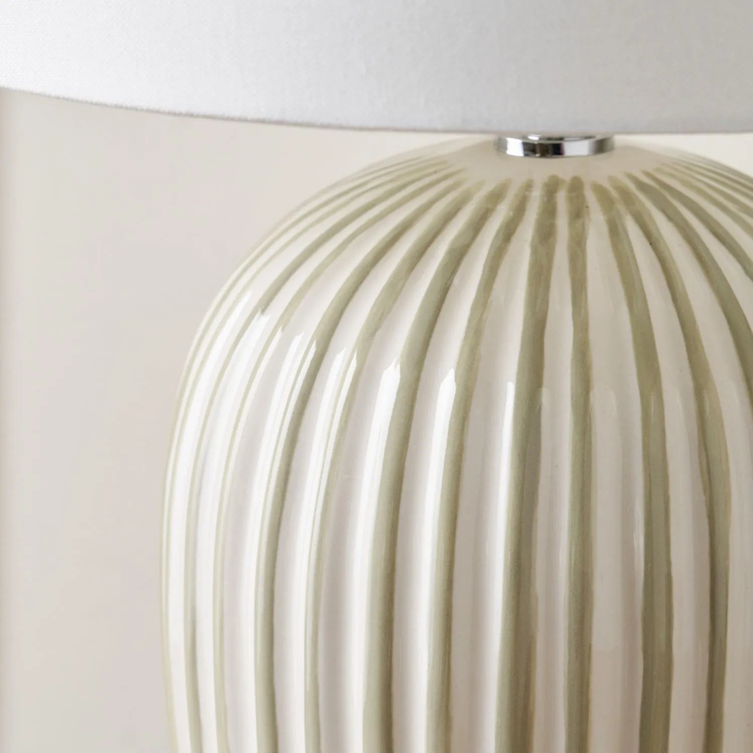 Sage Green & White Striped Ceramic Table Lamp With White Cotton Tapered Shade Ribbed Bulbous Base Bedside Light 45x30x30cm | Click Style