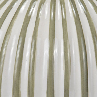 Sage Green & White Striped Ceramic Table Lamp With White Cotton Tapered Shade Ribbed Bulbous Base Bedside Light 45x30x30cm | Click Style