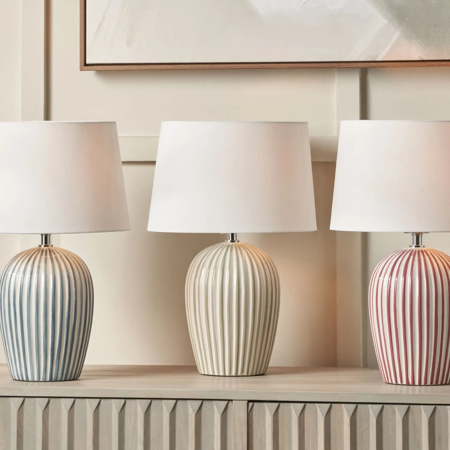 Sage Green & White Striped Ceramic Table Lamp With White Cotton Tapered Shade Ribbed Bulbous Base Bedside Light 45x30x30cm | Click Style