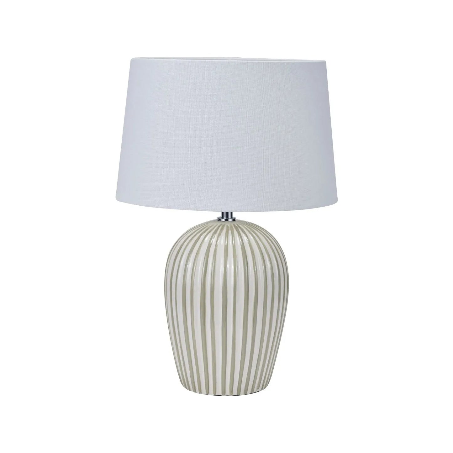 Sage Green & White Striped Ceramic Table Lamp With White Cotton Tapered Shade Ribbed Bulbous Base Bedside Light 45x30x30cm | Click Style