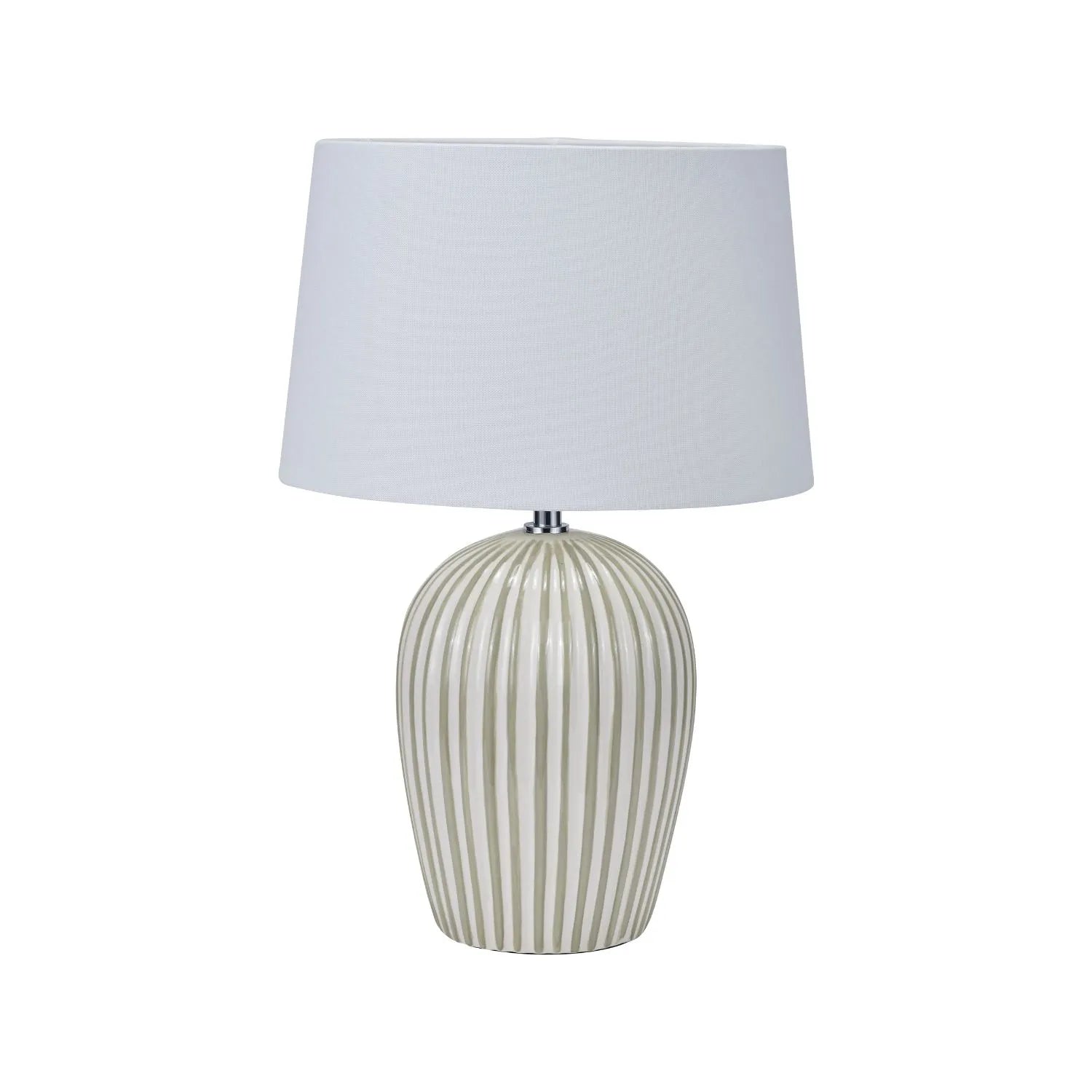 Sage Green & White Striped Ceramic Table Lamp With White Cotton Tapered Shade Ribbed Bulbous Base Bedside Light 45x30x30cm | Click Style