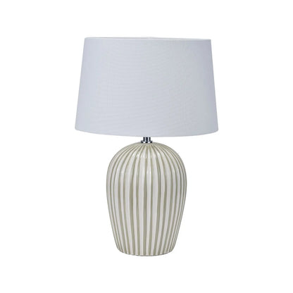 Sage Green & White Striped Ceramic Table Lamp With White Cotton Tapered Shade Ribbed Bulbous Base Bedside Light 45x30x30cm | Click Style