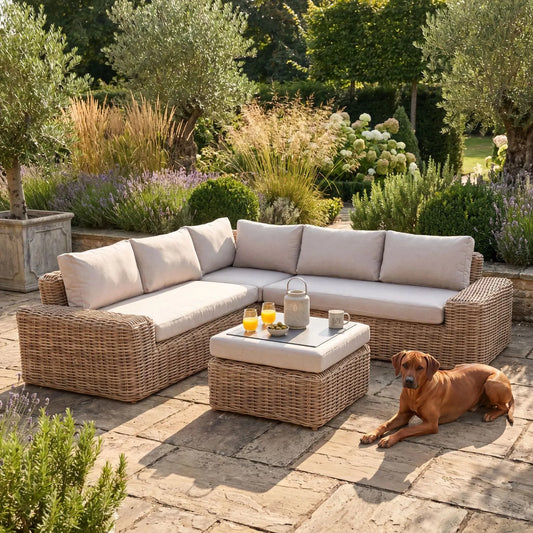 Saint-Tropez Natural Rattan Effect Outdoor 4 Seater Corner Sofa Set & Footstool with Deep Beige Olefin Cushions, L-Shaped Corner Seating, Footstool Coffee Table & Weather-Resistant Garden Lounge Set | Click Style