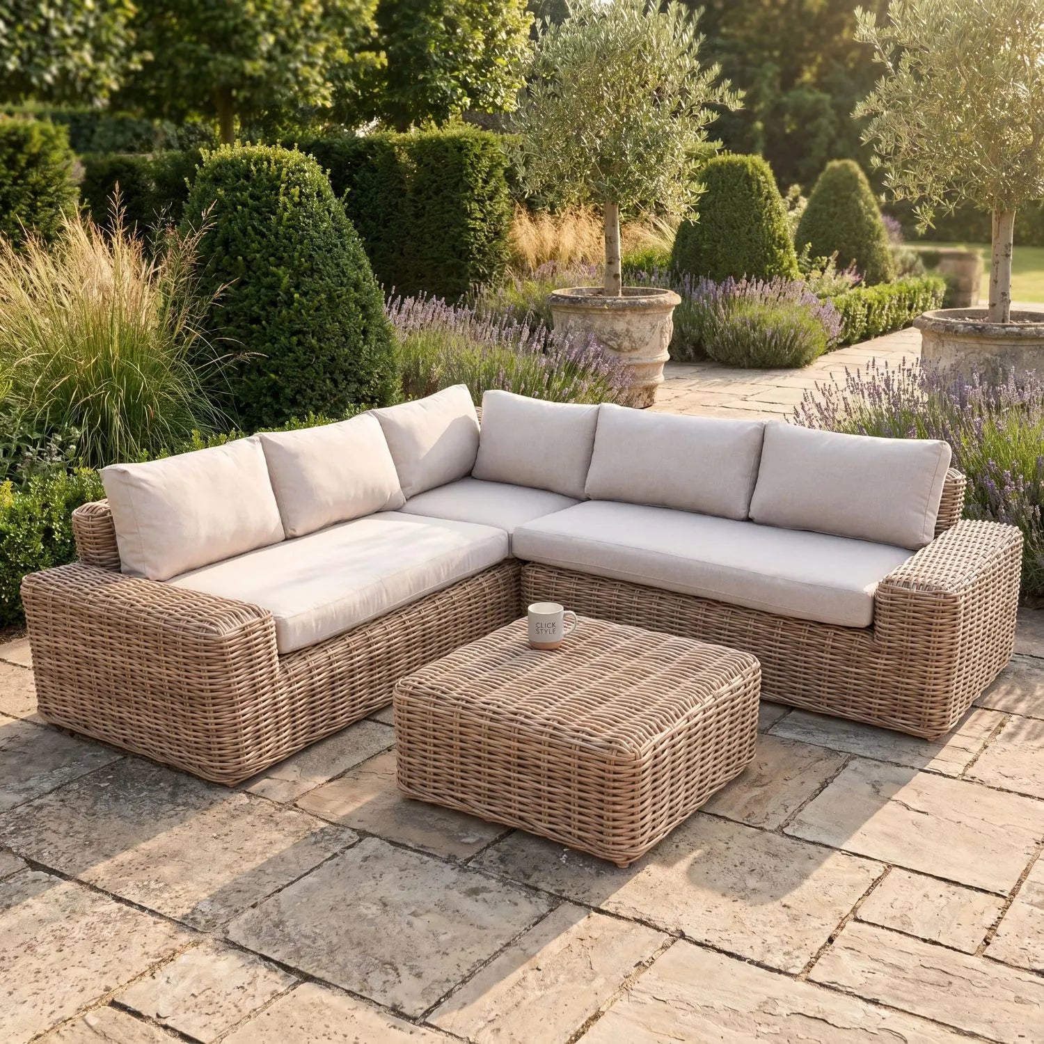 Saint-Tropez Natural Rattan Effect Outdoor 4 Seater Corner Sofa Set & Footstool with Deep Beige Olefin Cushions, L-Shaped Corner Seating, Footstool Coffee Table & Weather-Resistant Garden Lounge Set | Click Style