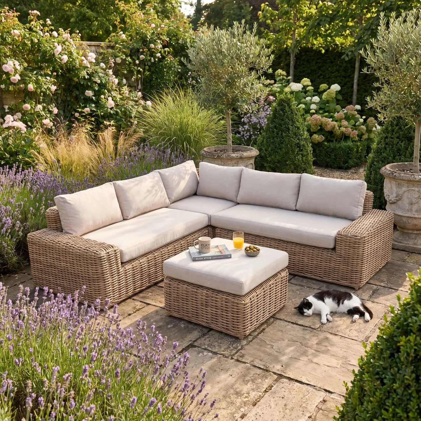 Saint-Tropez Natural Rattan Effect Outdoor 4 Seater Corner Sofa Set & Footstool with Deep Beige Olefin Cushions, L-Shaped Corner Seating, Footstool Coffee Table & Weather-Resistant Garden Lounge Set | Click Style
