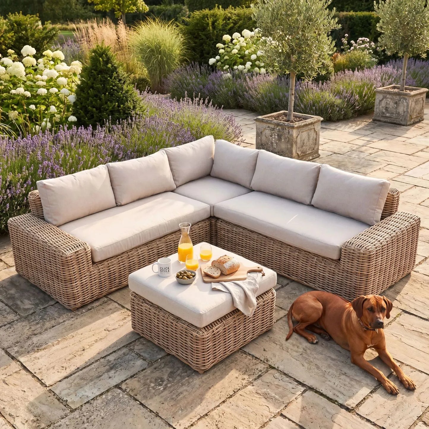 Saint-Tropez Natural Rattan Effect Outdoor 4 Seater Corner Sofa Set & Footstool with Deep Beige Olefin Cushions, L-Shaped Corner Seating, Footstool Coffee Table & Weather-Resistant Garden Lounge Set | Click Style
