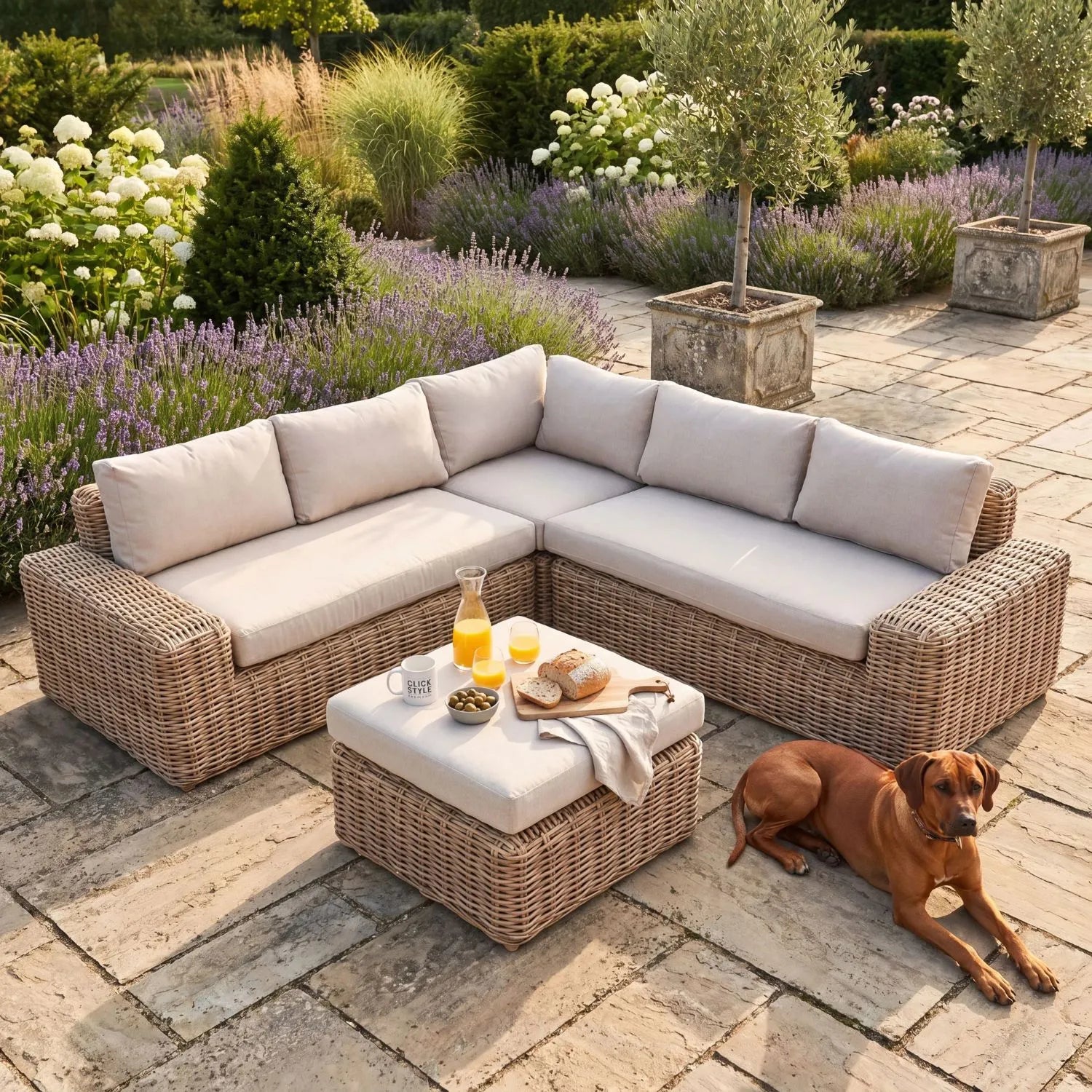 Saint-Tropez Natural Rattan Effect Outdoor 4 Seater Corner Sofa Set & Footstool with Deep Beige Olefin Cushions, L-Shaped Corner Seating, Footstool Coffee Table & Weather-Resistant Garden Lounge Set | Click Style