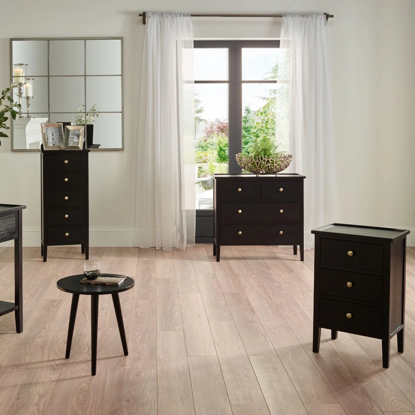 Satin Black Pine Wood 2 Drawer Console Table with Gold Knob Handles, Raised Tray Top, Tapered Legs and Lower Storage Shelf – Narrow Pine Wood Hallway Storage Console Table for Living Rooms, Bedrooms & Hallways 75x90x33cm | Click Style