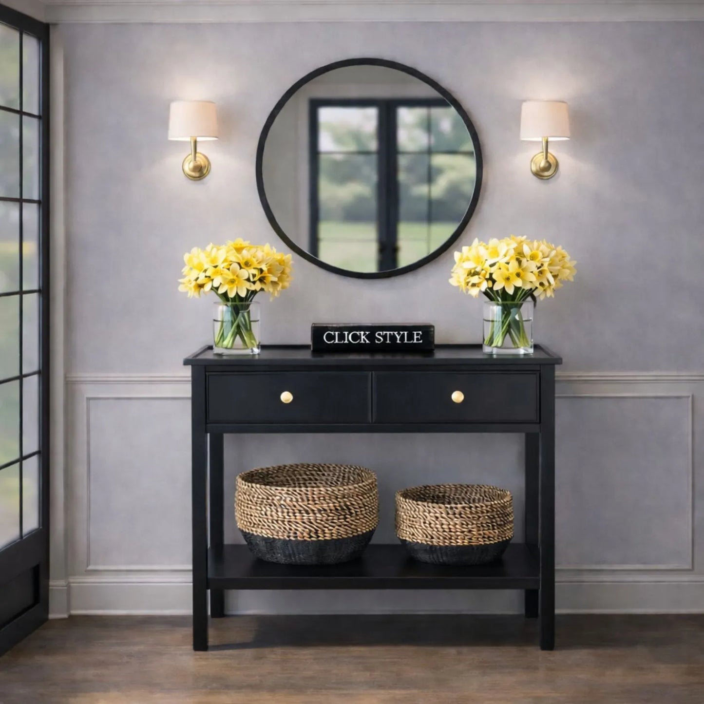 Satin Black Pine Wood 2 Drawer Console Table with Gold Knob Handles, Raised Tray Top, Tapered Legs and Lower Storage Shelf – Narrow Pine Wood Hallway Storage Console Table for Living Rooms, Bedrooms & Hallways 75x90x33cm | Click Style