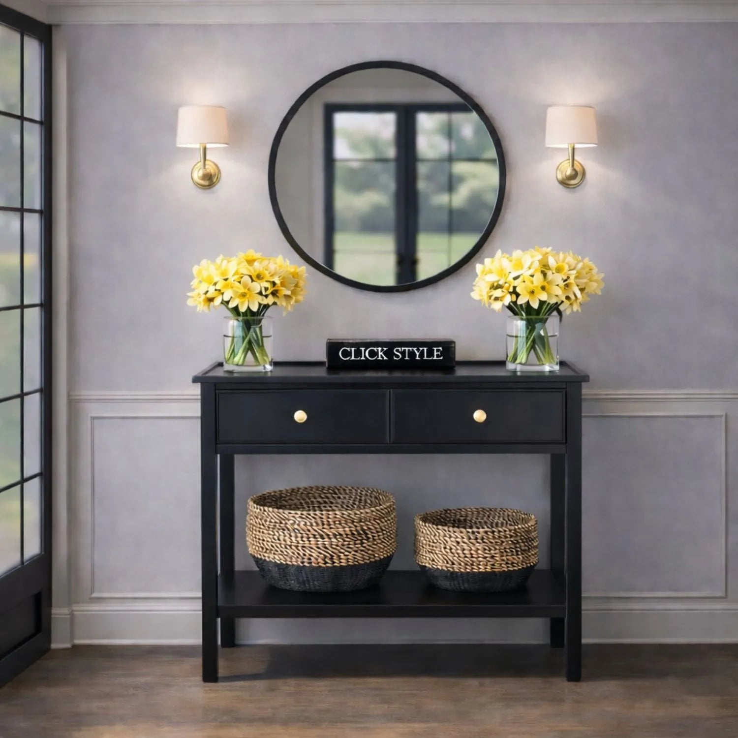 Satin Black Pine Wood 2 Drawer Console Table with Gold Knob Handles, Raised Tray Top, Tapered Legs and Lower Storage Shelf – Narrow Pine Wood Hallway Storage Console Table for Living Rooms, Bedrooms & Hallways 75x90x33cm | Click Style