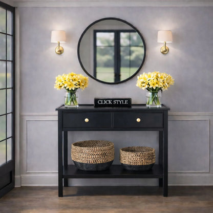 Satin Black Pine Wood 2 Drawer Console Table with Gold Knob Handles, Raised Tray Top, Tapered Legs and Lower Storage Shelf – Narrow Pine Wood Hallway Storage Console Table for Living Rooms, Bedrooms & Hallways 75x90x33cm | Click Style