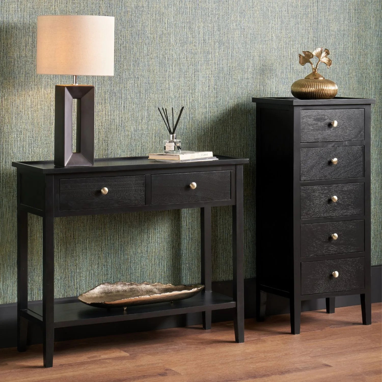 Satin Black Pine Wood 2 Drawer Console Table with Gold Knob Handles, Raised Tray Top, Tapered Legs and Lower Storage Shelf – Narrow Pine Wood Hallway Storage Console Table for Living Rooms, Bedrooms & Hallways 75x90x33cm | Click Style