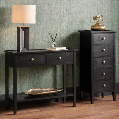 Satin Black Pine Wood 2 Drawer Console Table with Gold Knob Handles, Raised Tray Top, Tapered Legs and Lower Storage Shelf – Narrow Pine Wood Hallway Storage Console Table for Living Rooms, Bedrooms & Hallways 75x90x33cm | Click Style
