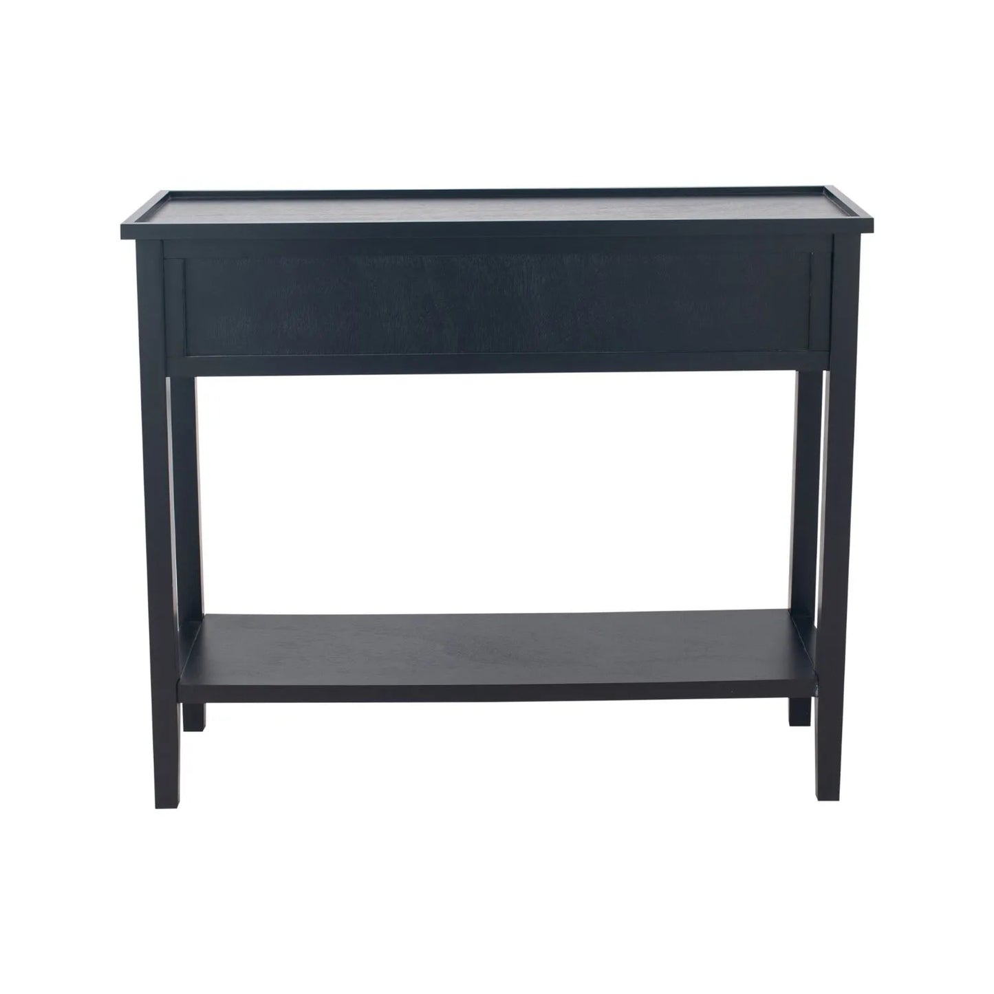 Satin Black Pine Wood 2 Drawer Console Table with Gold Knob Handles, Raised Tray Top, Tapered Legs and Lower Storage Shelf Back – Narrow Pine Wood Hallway Storage Console Table for Living Rooms, Bedrooms & Hallways 75x90x33cm | Click Style