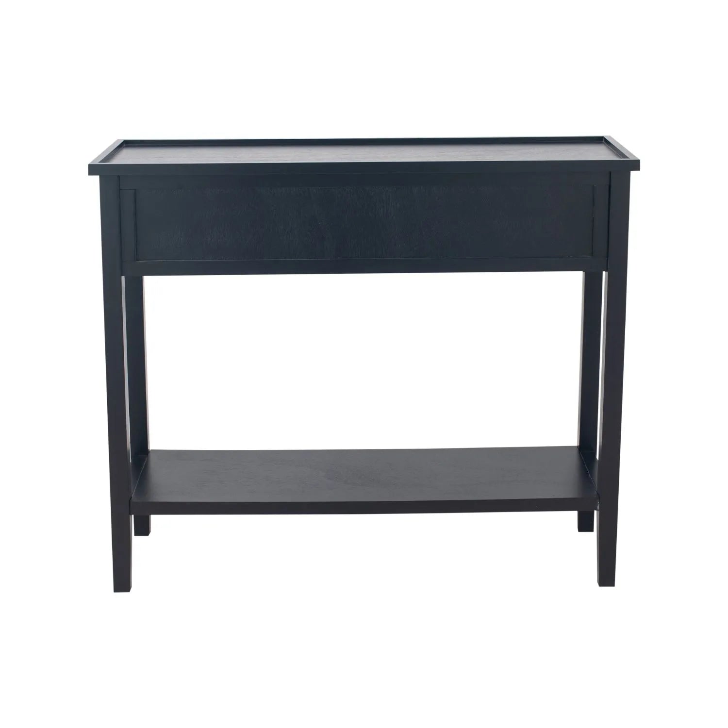 Satin Black Pine Wood 2 Drawer Console Table with Gold Knob Handles, Raised Tray Top, Tapered Legs and Lower Storage Shelf Back – Narrow Pine Wood Hallway Storage Console Table for Living Rooms, Bedrooms & Hallways 75x90x33cm | Click Style