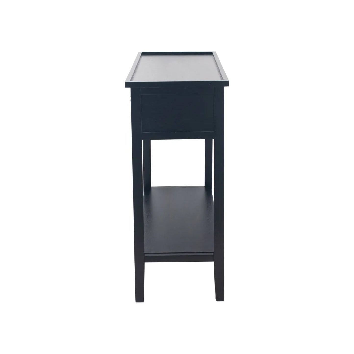 Satin Black Pine Wood 2 Drawer Console Table with Gold Knob Handles, Raised Tray Top, Tapered Legs and Lower Storage Shelf Side View – Narrow Pine Wood Hallway Storage Console Table for Living Rooms, Bedrooms & Hallways 75x90x33cm | Click Style