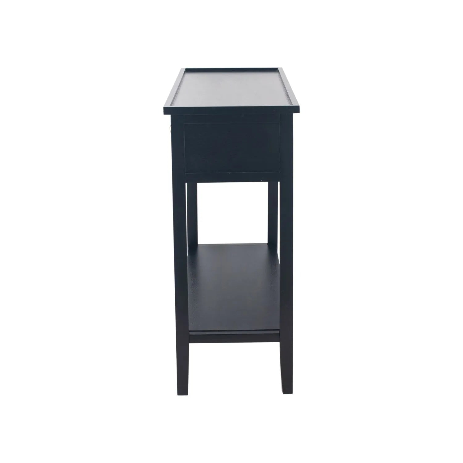 Satin Black Pine Wood 2 Drawer Console Table with Gold Knob Handles, Raised Tray Top, Tapered Legs and Lower Storage Shelf Side View – Narrow Pine Wood Hallway Storage Console Table for Living Rooms, Bedrooms & Hallways 75x90x33cm | Click Style