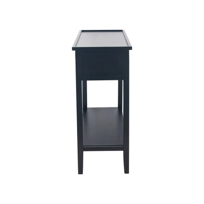 Satin Black Pine Wood 2 Drawer Console Table with Gold Knob Handles, Raised Tray Top, Tapered Legs and Lower Storage Shelf Side View – Narrow Pine Wood Hallway Storage Console Table for Living Rooms, Bedrooms & Hallways 75x90x33cm | Click Style