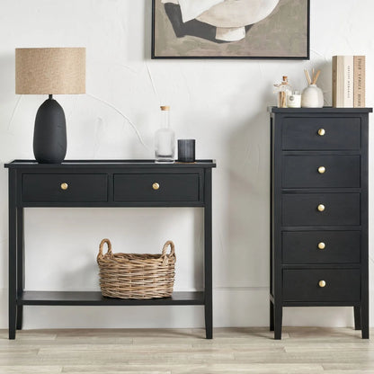 Satin Black Pine Wood 2 Drawer Console Table with Gold Knob Handles, Raised Tray Top, Tapered Legs and Lower Storage Shelf – Narrow Pine Wood Hallway Storage Console Table for Living Rooms, Bedrooms & Hallways 75x90x33cm | Click Style