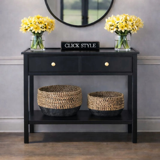 Satin Black Pine Wood 2 Drawer Console Table with Gold Knob Handles, Raised Tray Top, Tapered Legs and Lower Storage Shelf – Narrow Pine Wood Hallway Storage Console Table for Living Rooms, Bedrooms & Hallways 75x90x33cm | Click Style
