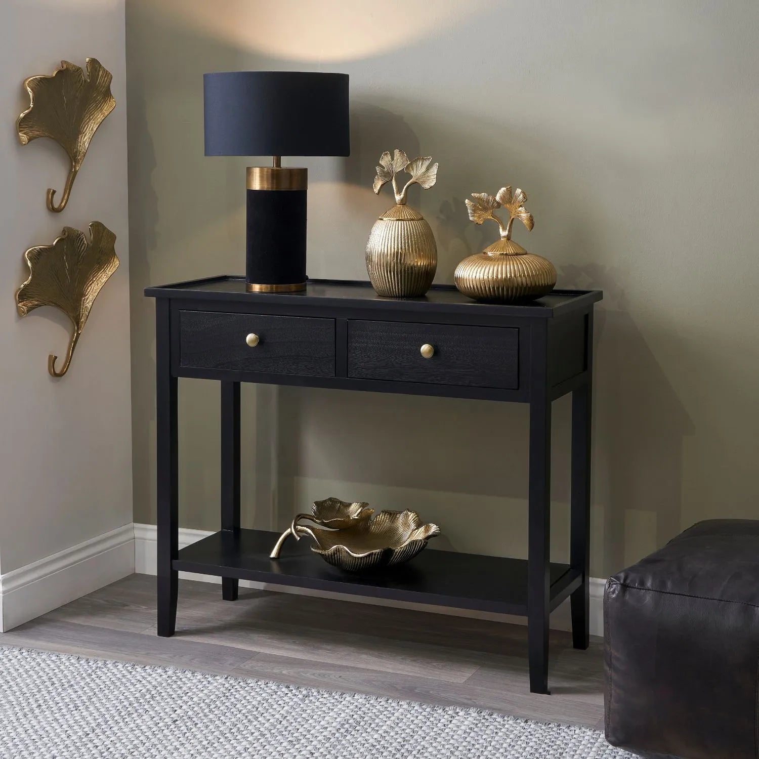 Satin Black Pine Wood 2 Drawer Console Table with Gold Knob Handles, Raised Tray Top, Tapered Legs and Lower Storage Shelf – Narrow Pine Wood Hallway Storage Console Table for Living Rooms, Bedrooms & Hallways 75x90x33cm | Click Style