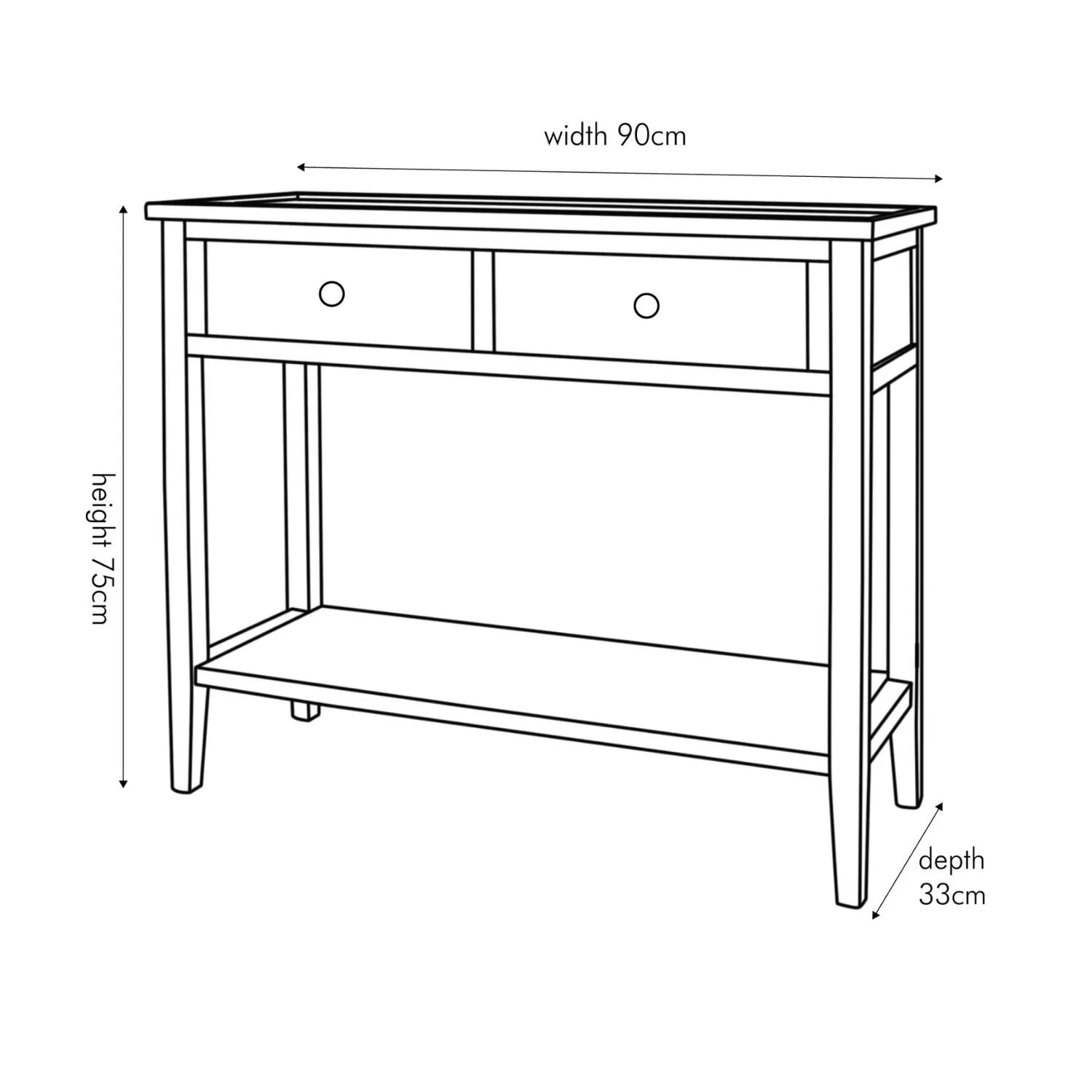 Satin Black Pine Wood 2 Drawer Console Table with Gold Knob Handles, Raised Tray Top, Tapered Legs and Lower Storage Shelf Dimensions – Narrow Pine Wood Hallway Storage Console Table for Living Rooms, Bedrooms & Hallways 75x90x33cm | Click Style
