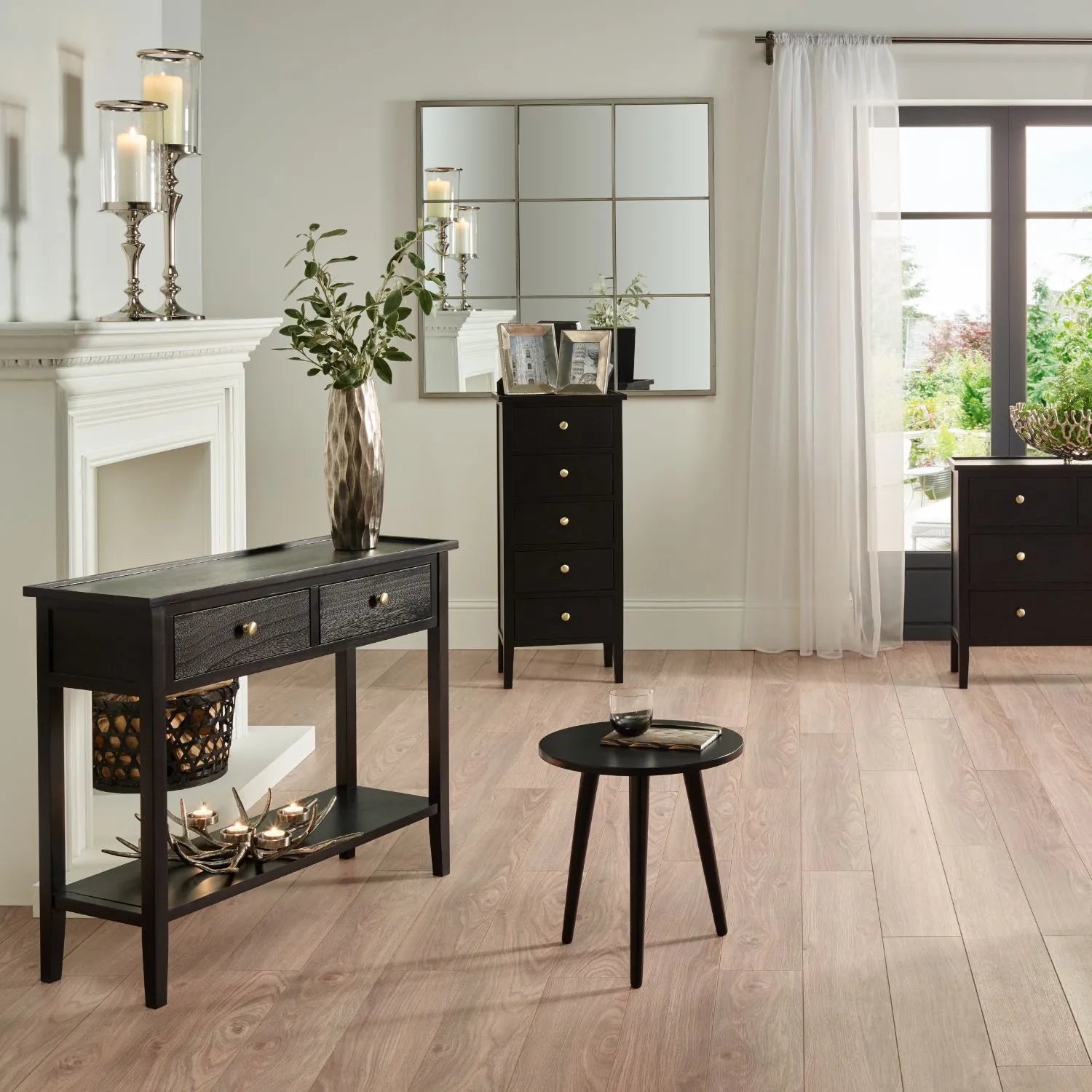 Satin Black Pine Wood 2 Drawer Console Table with Gold Knob Handles, Raised Tray Top, Tapered Legs and Lower Storage Shelf – Narrow Pine Wood Hallway Storage Console Table for Living Rooms, Bedrooms & Hallways 75x90x33cm | Click Style