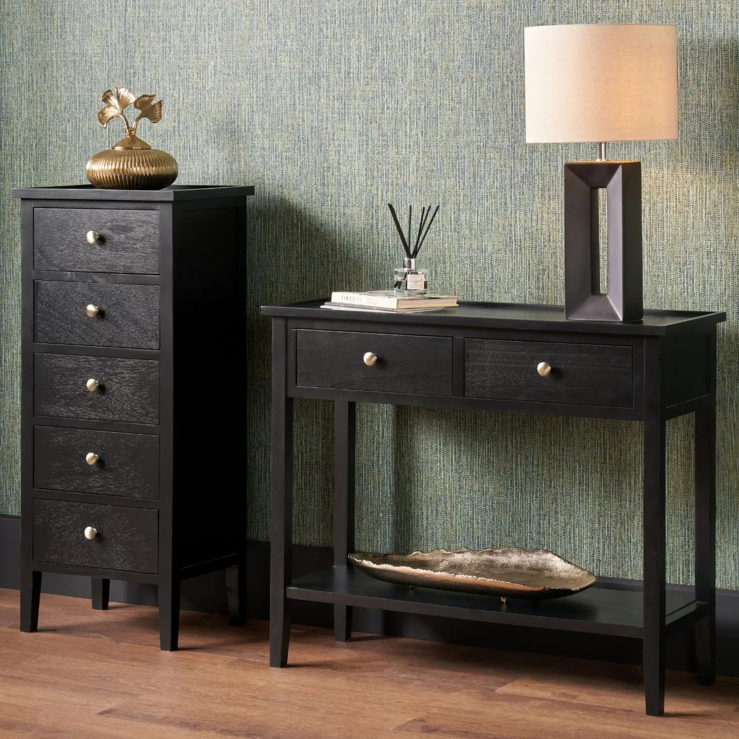 Satin Black Pine Wood 2 Drawer Console Table with Gold Knob Handles, Raised Tray Top, Tapered Legs and Lower Storage Shelf – Narrow Pine Wood Hallway Storage Console Table for Living Rooms, Bedrooms & Hallways 75x90x33cm | Click Style