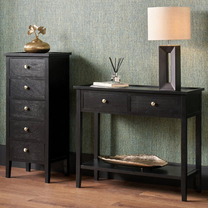 Satin Black Pine Wood 2 Drawer Console Table with Gold Knob Handles, Raised Tray Top, Tapered Legs and Lower Storage Shelf – Narrow Pine Wood Hallway Storage Console Table for Living Rooms, Bedrooms & Hallways 75x90x33cm | Click Style