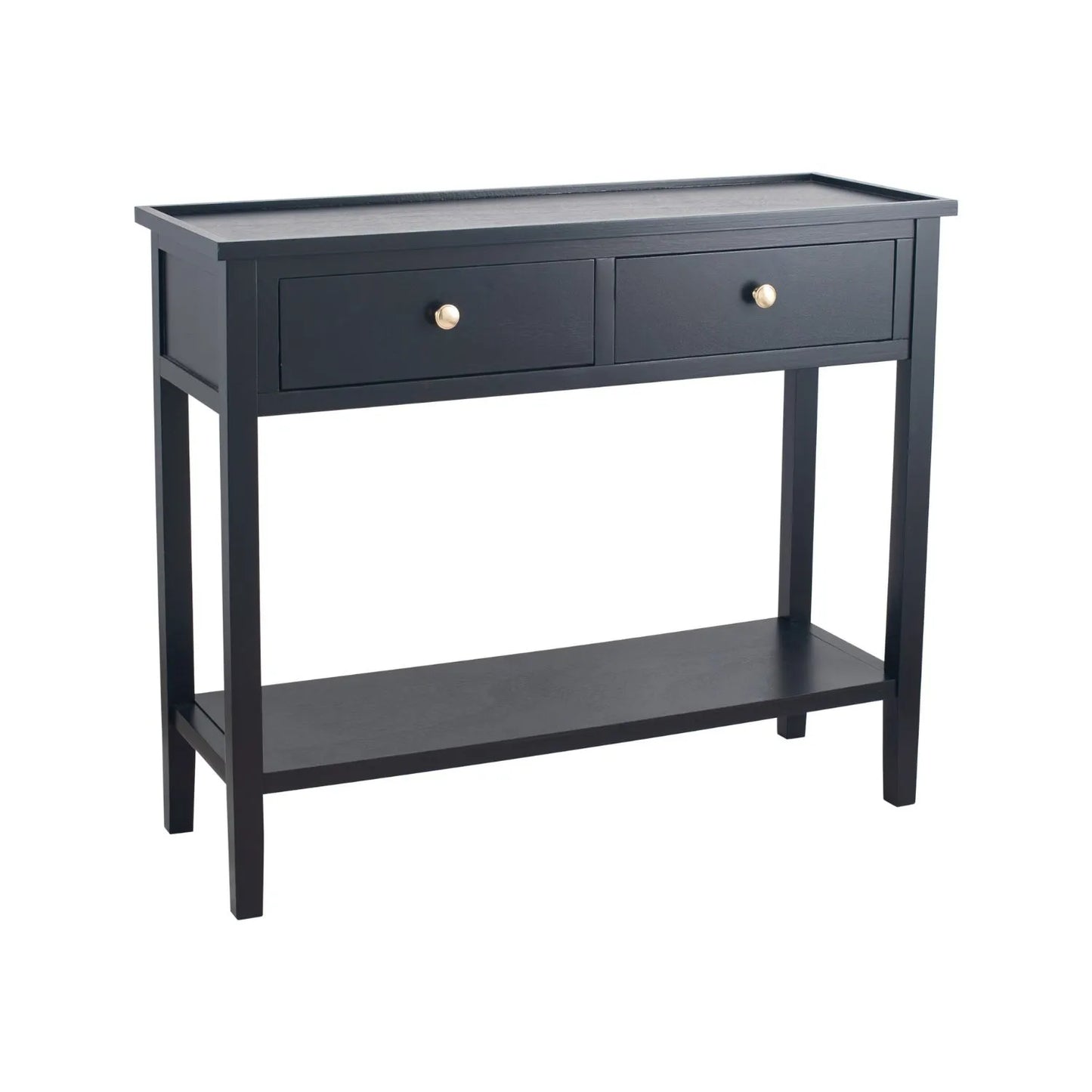 Satin Black Pine Wood 2 Drawer Console Table with Gold Knob Handles, Raised Tray Top, Tapered Legs and Lower Storage Shelf – Narrow Pine Wood Hallway Storage Console Table for Living Rooms, Bedrooms & Hallways 75x90x33cm | Click Style