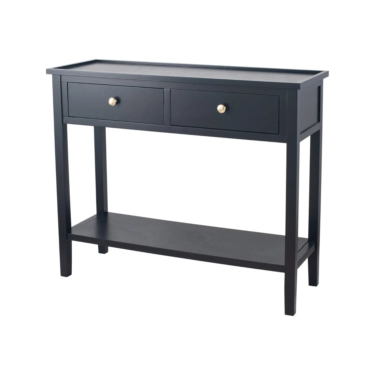 Satin Black Pine Wood 2 Drawer Console Table with Gold Knob Handles, Raised Tray Top, Tapered Legs and Lower Storage Shelf – Narrow Pine Wood Hallway Storage Console Table for Living Rooms, Bedrooms & Hallways 75x90x33cm | Click Style