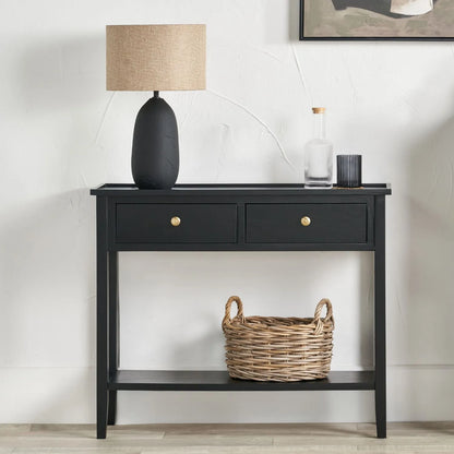 Satin Black Pine Wood 2 Drawer Console Table with Gold Knob Handles, Raised Tray Top, Tapered Legs and Lower Storage Shelf – Narrow Pine Wood Hallway Storage Console Table for Living Rooms, Bedrooms & Hallways 75x90x33cm | Click Style