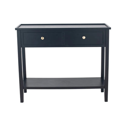 Satin Black Pine Wood 2 Drawer Console Table with Gold Knob Handles, Raised Tray Top, Tapered Legs and Lower Storage Shelf – Narrow Pine Wood Hallway Storage Console Table for Living Rooms, Bedrooms & Hallways 75x90x33cm | Click Style