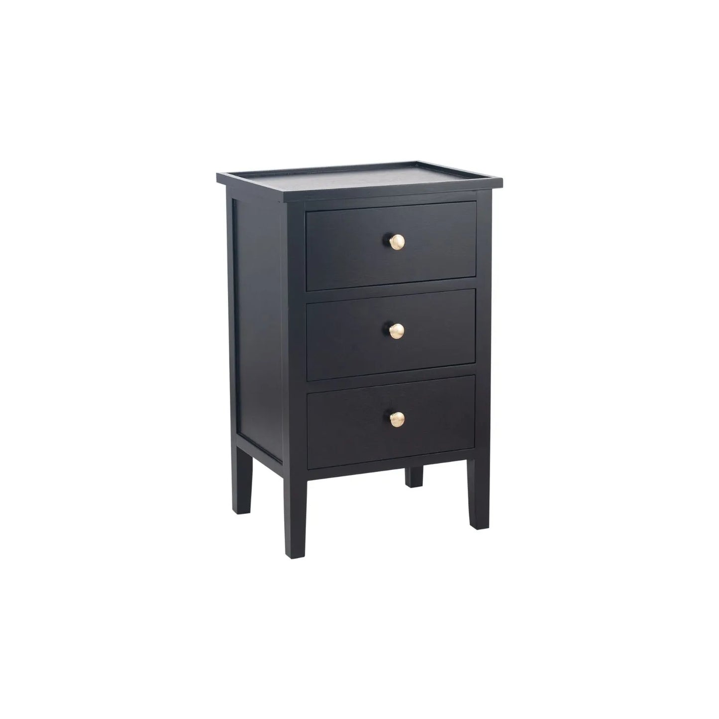 Satin Black Pine Wood 3 Drawer Side Table with Gold Knob Handles – Compact Wooden Bedside Cabinet with Three Storage Drawers for Bedrooms, Living Rooms & Home Office 66x43x33cm | Click Style