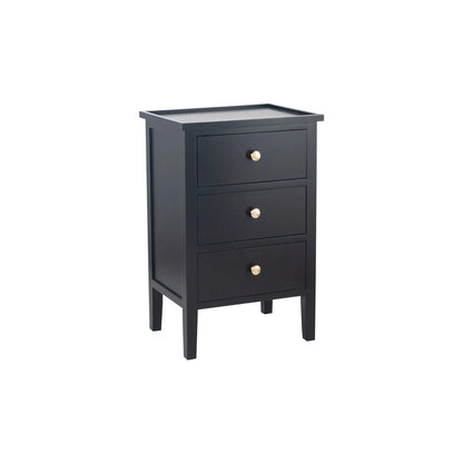 Satin Black Pine Wood 3 Drawer Side Table with Gold Knob Handles – Compact Wooden Bedside Cabinet with Three Storage Drawers for Bedrooms, Living Rooms & Home Office 66x43x33cm | Click Style